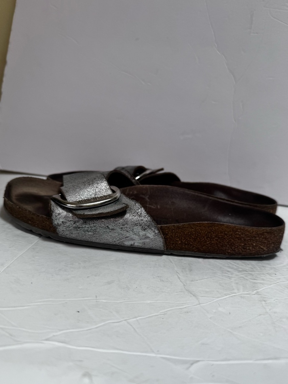 Birkenstock Madrid Big Buckle Leather Metallic Silver 9 Sandals Slides 40 Flats - Picture 4 of 16